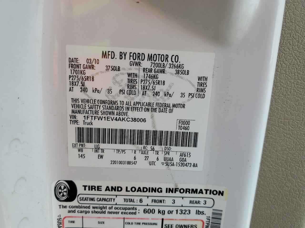 1FTFW1EV4AKC38006 2010 Ford F150 Supercrew