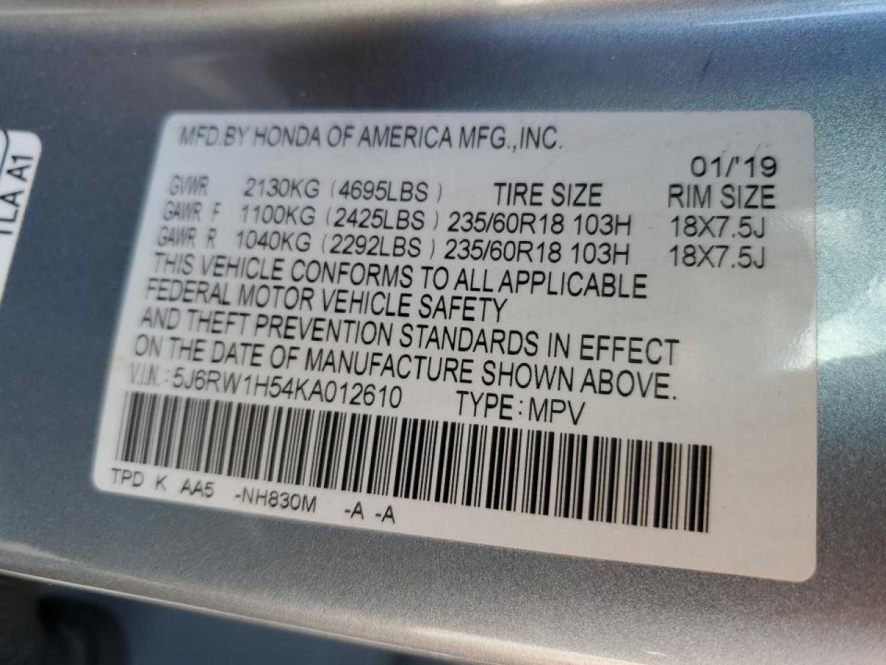 5J6RW1H54KA012610 2019 Honda Cr-V Ex