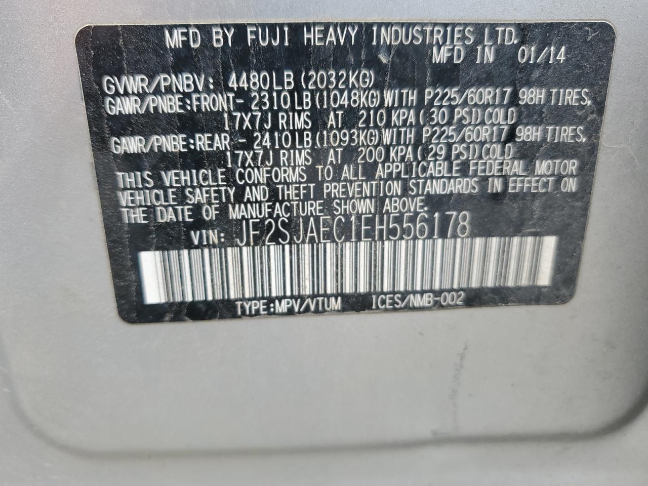 JF2SJAEC1EH556178 2014 Subaru Forester 2.5I Premium