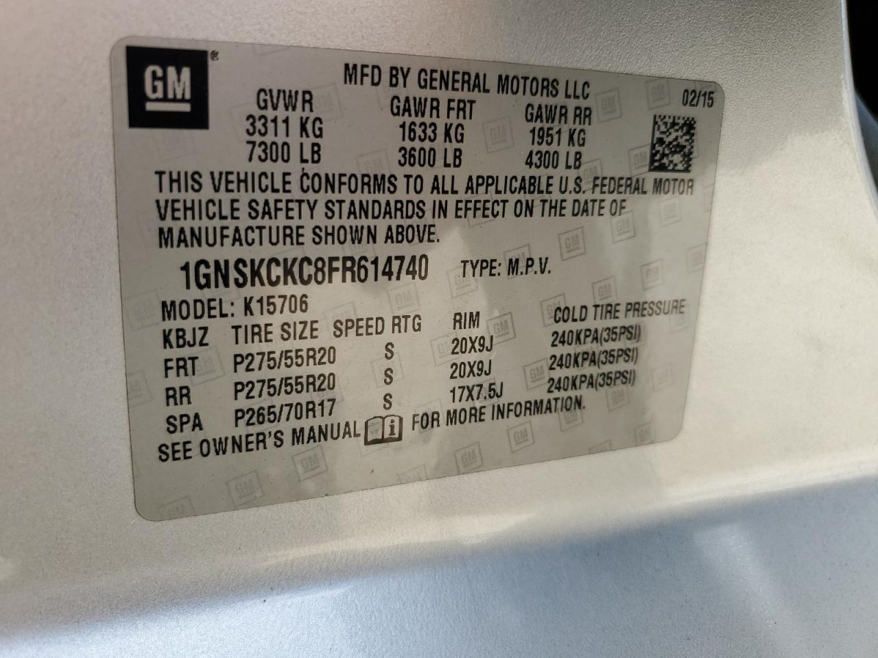 1GNSKCKC8FR614740 2015 Chevrolet Tahoe K1500 Ltz