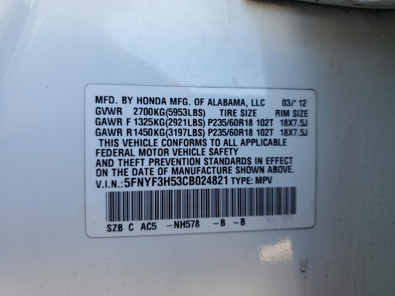 5FNYF3H53CB024821 2012 Honda Pilot Exl