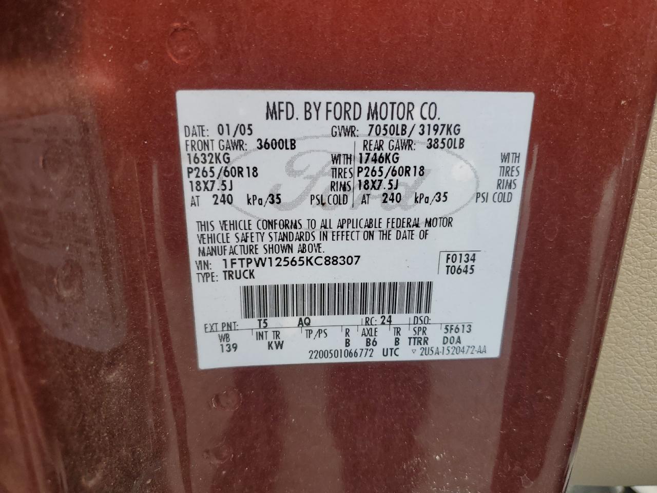 1FTPW12565KC88307 2005 Ford F150 Supercrew