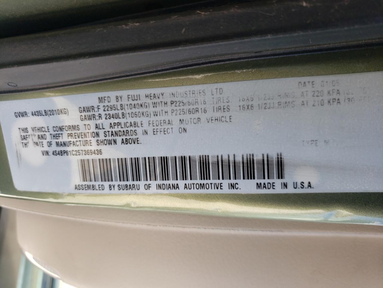 4S4BP61C257369436 2005 Subaru Legacy Outback 2.5I