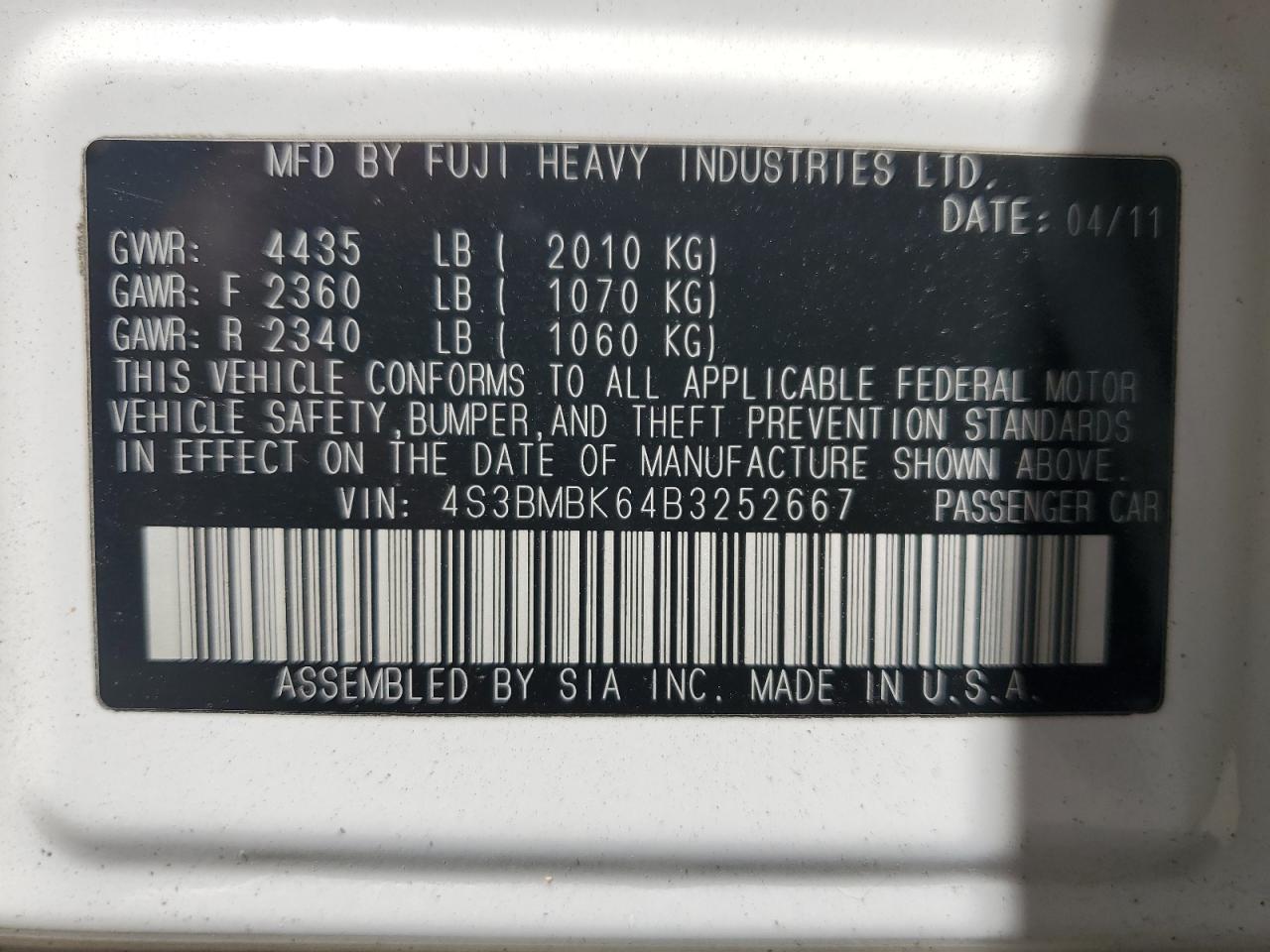 4S3BMBK64B3252667 2011 Subaru Legacy 2.5I Limited