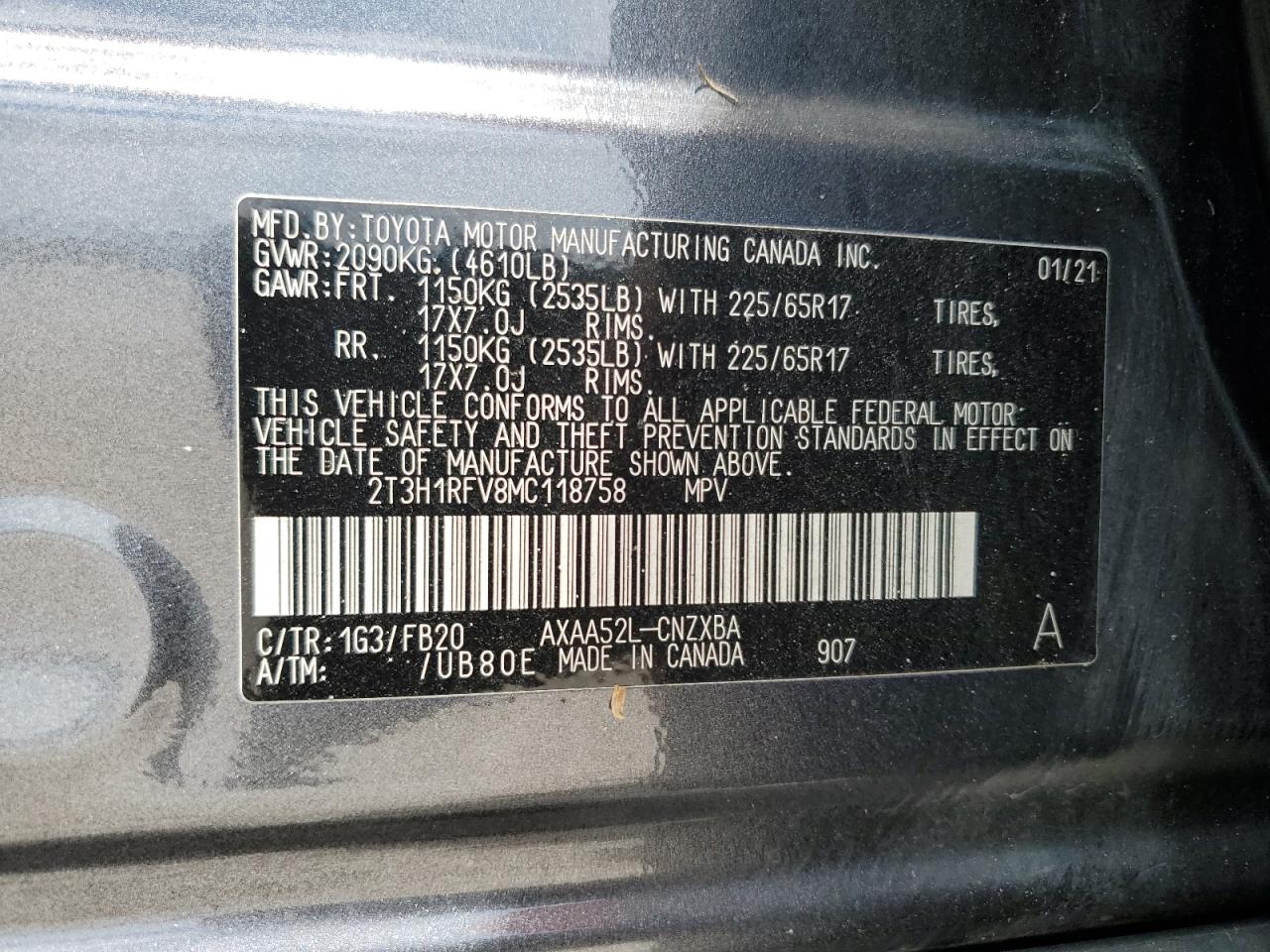 2T3H1RFV8MC118758 2021 Toyota Rav4 Le