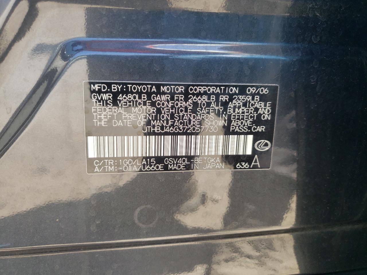 JTHBJ46G372057730 2007 Lexus Es 350