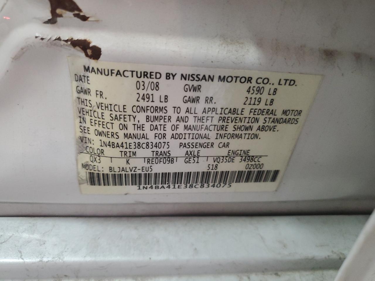 1N4BA41E38C834075 2008 Nissan Maxima Se