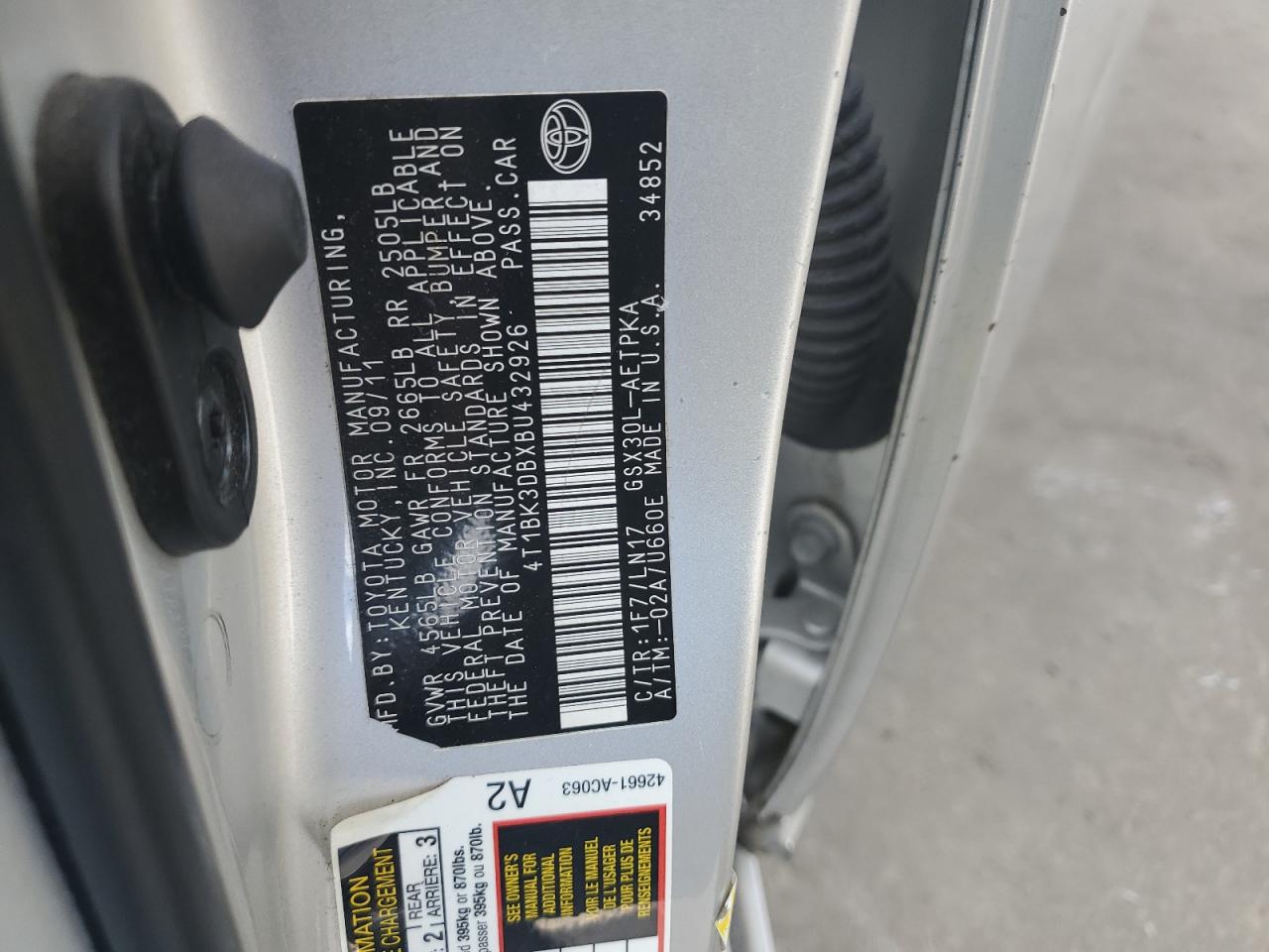 4T1BK3DBXBU432926 2011 Toyota Avalon Base