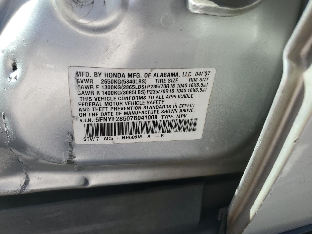 5FNYF28507B041009 2007 Honda Pilot Exl