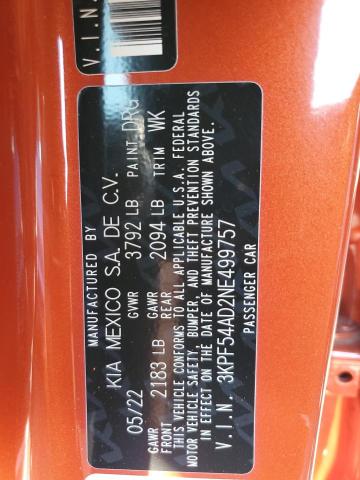 2022 Kia Forte Gt Line VIN: 3KPF54AD2NE499757 Lot: 60444294