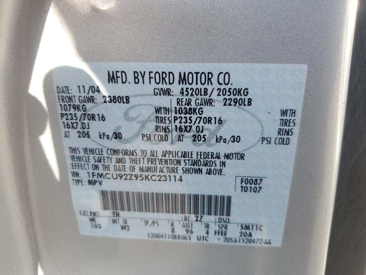 1FMCU92Z95KC23114 2005 Ford Escape Xls