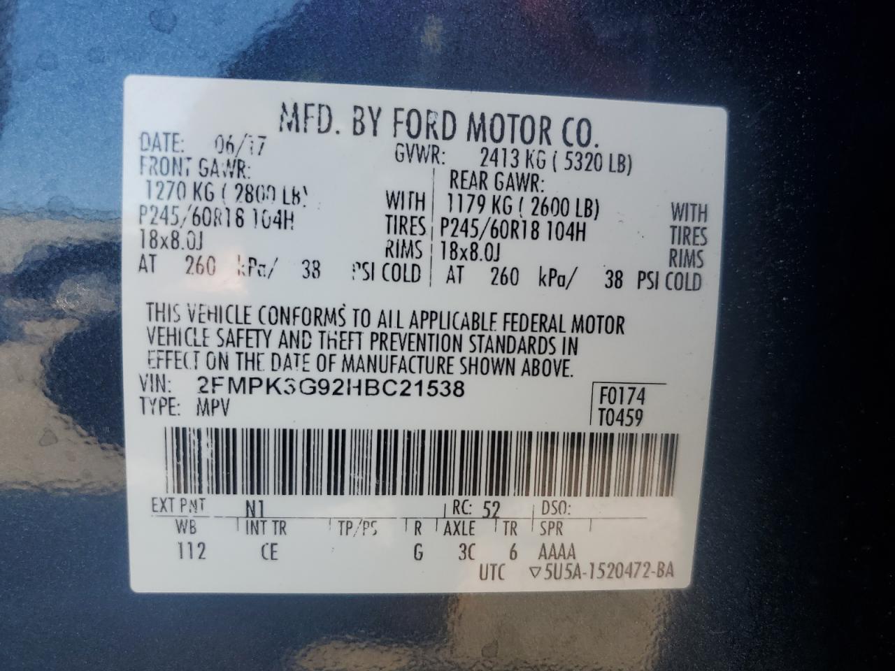 2FMPK3G92HBC21538 2017 Ford Edge Se