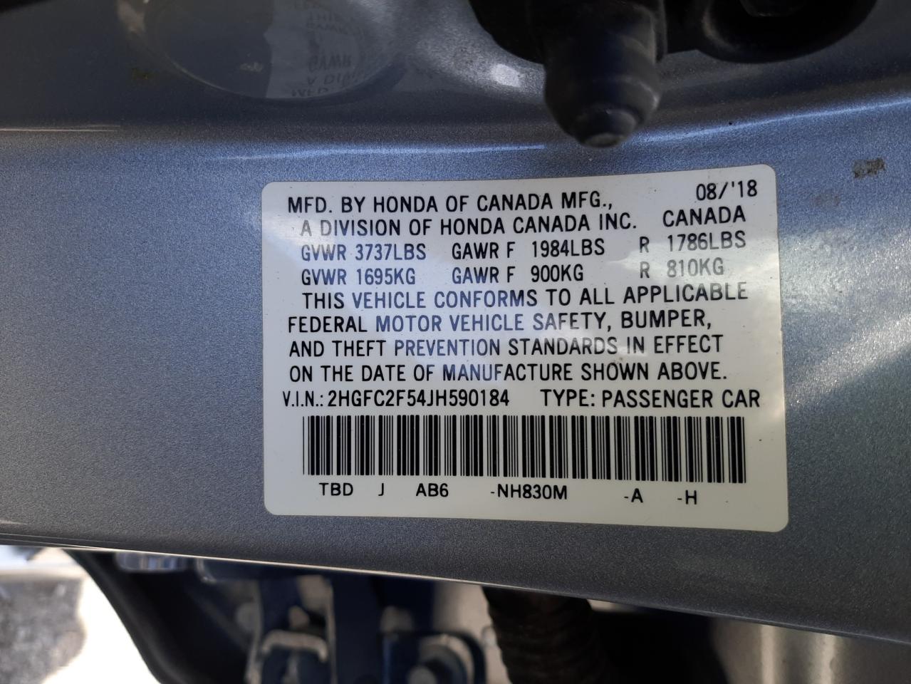 2HGFC2F54JH590184 2018 Honda Civic Lx