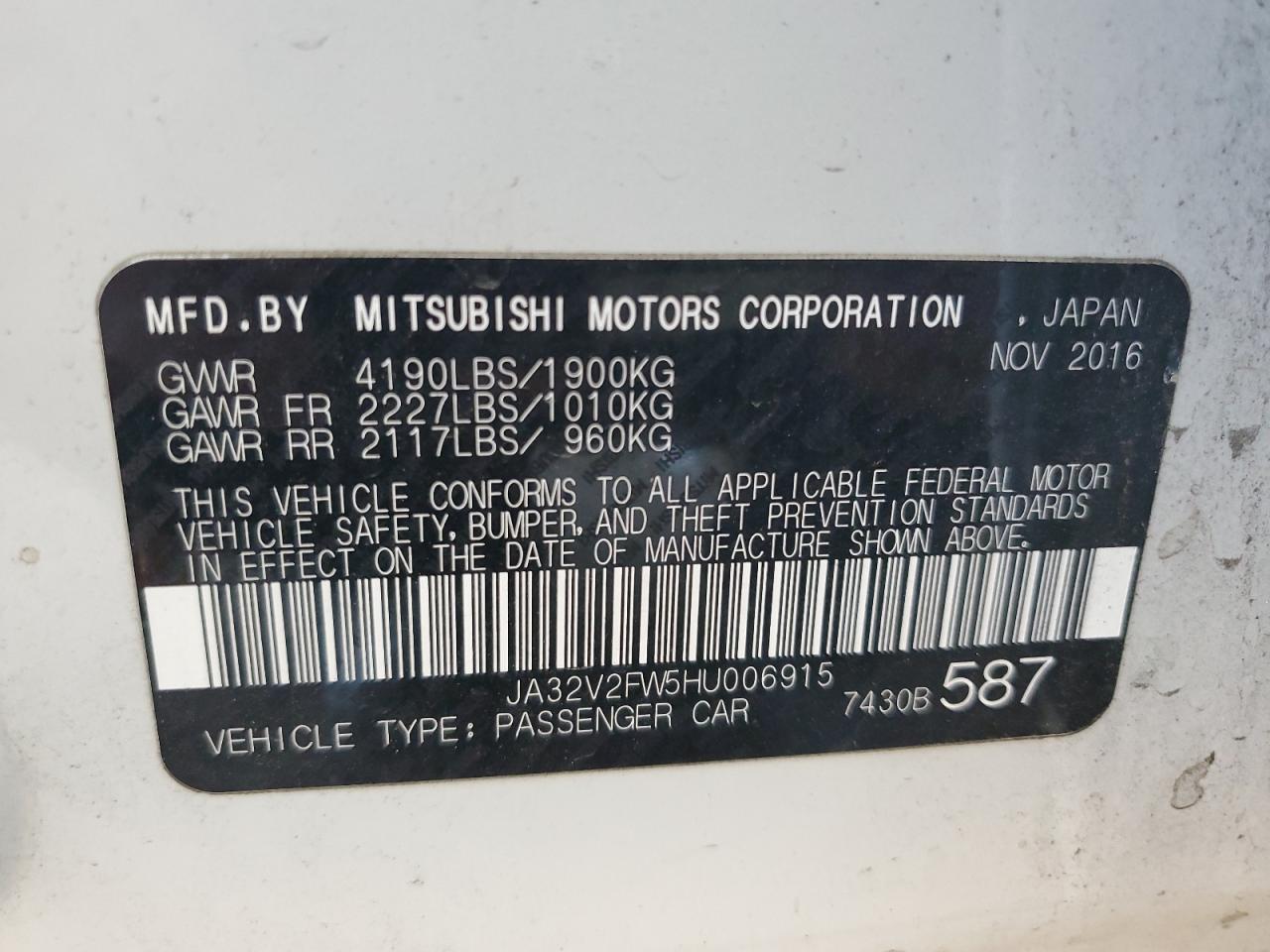 JA32V2FW5HU006915 2017 Mitsubishi Lancer Es