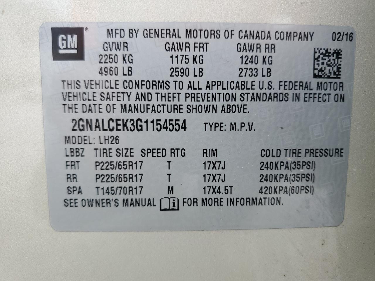 2GNALCEK3G1154554 2016 Chevrolet Equinox Lt