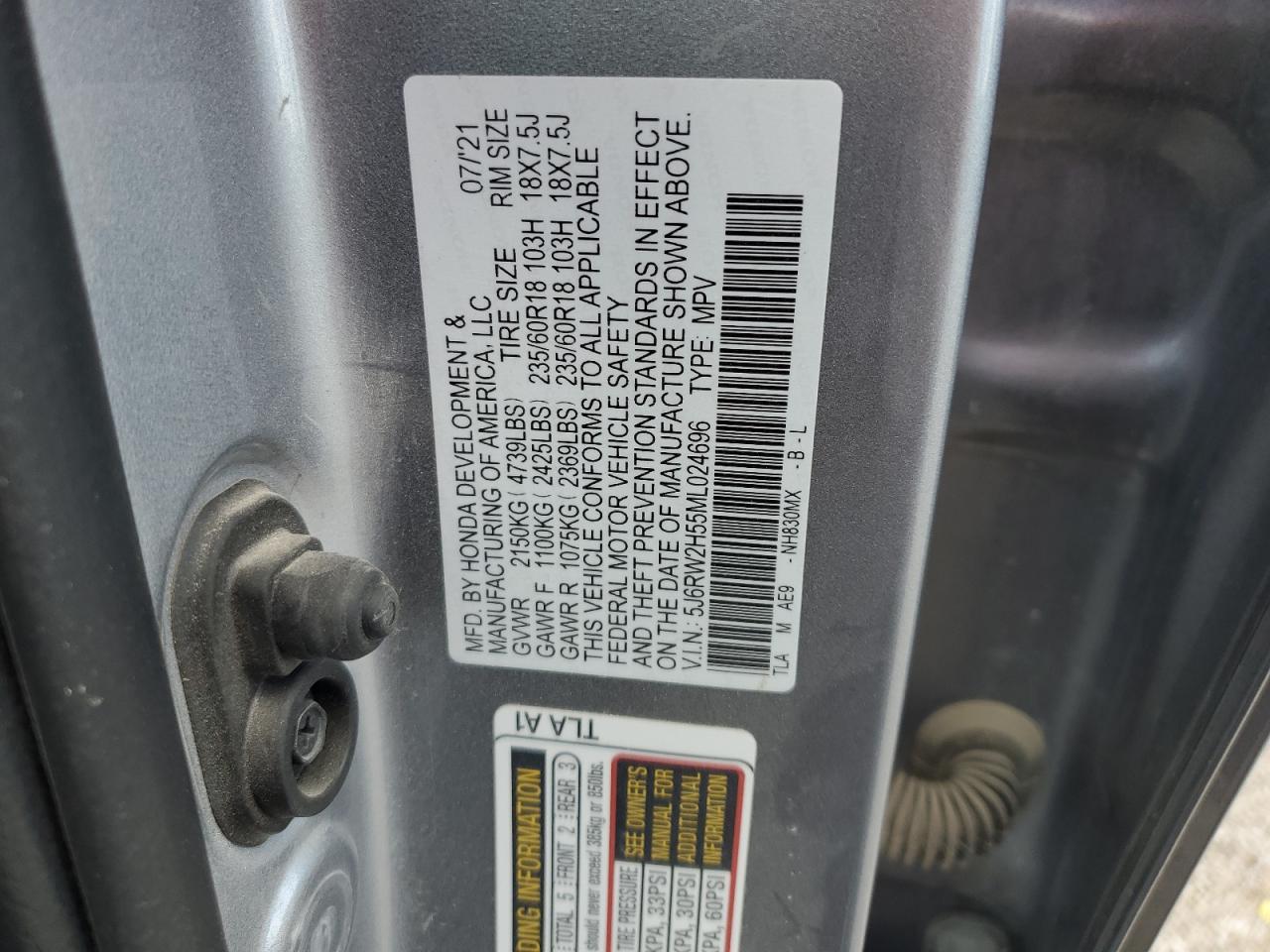 5J6RW2H55ML024696 2021 Honda Cr-V Ex