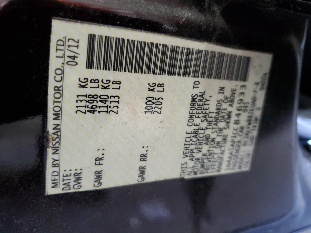 1N4AA5AP1CC846933 2012 Nissan Maxima S