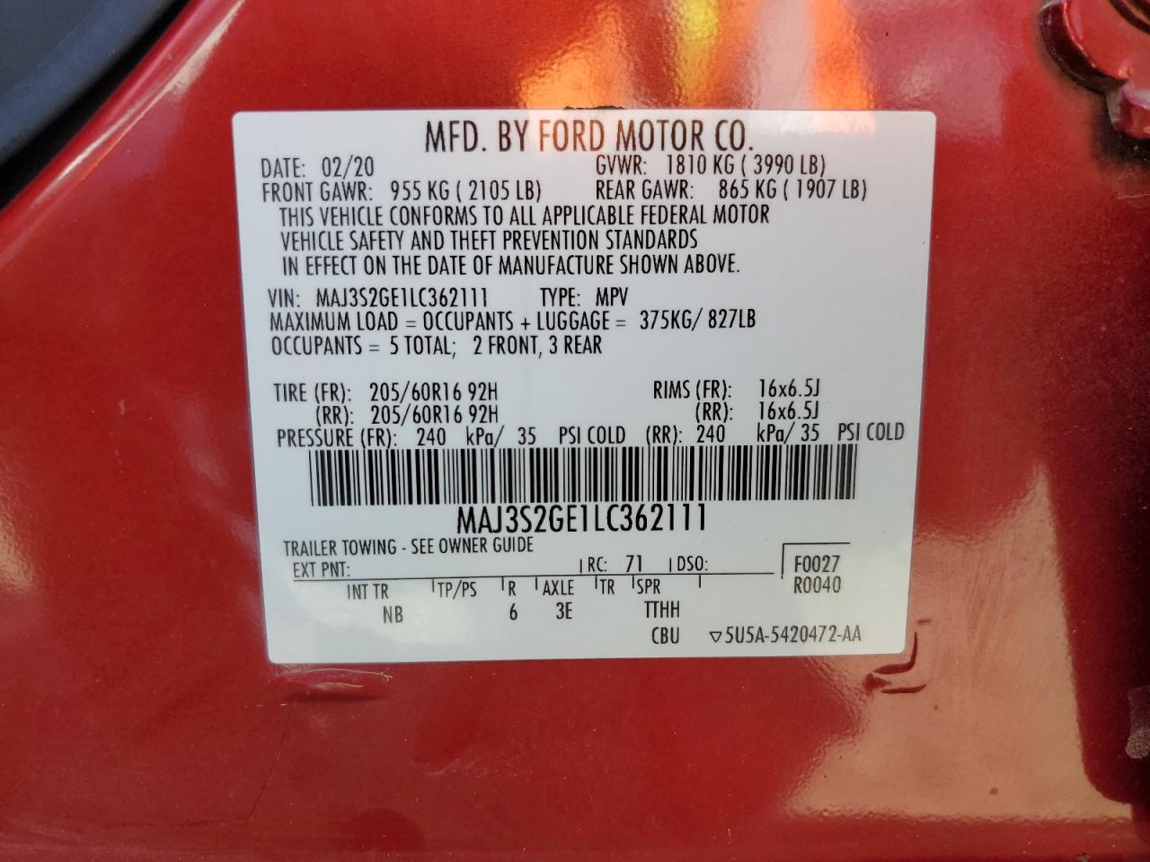 MAJ3S2GE1LC362111 2020 Ford Ecosport Se