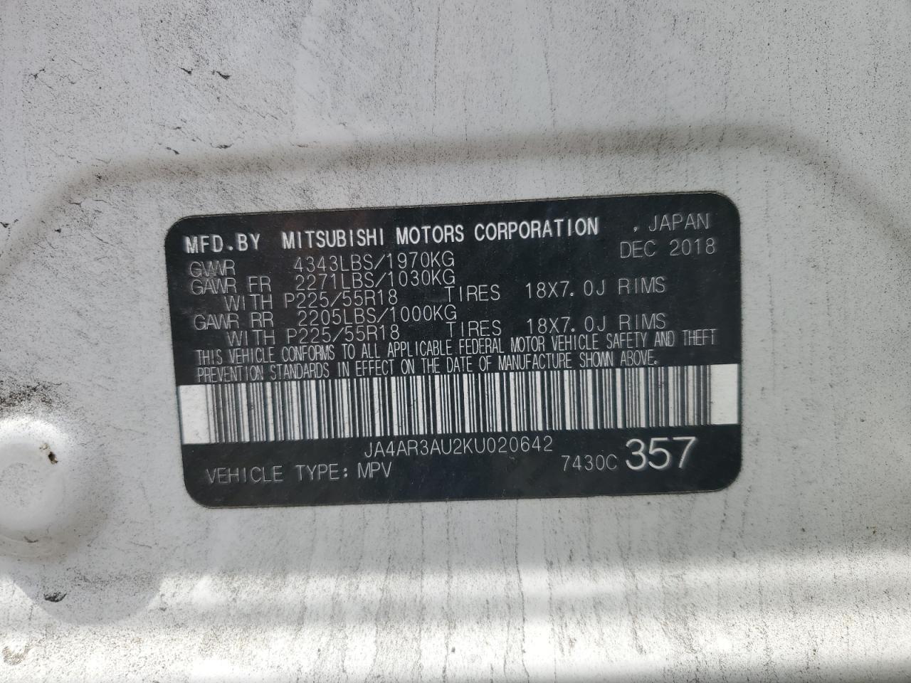 JA4AR3AU2KU020642 2019 Mitsubishi Outlander Sport Es