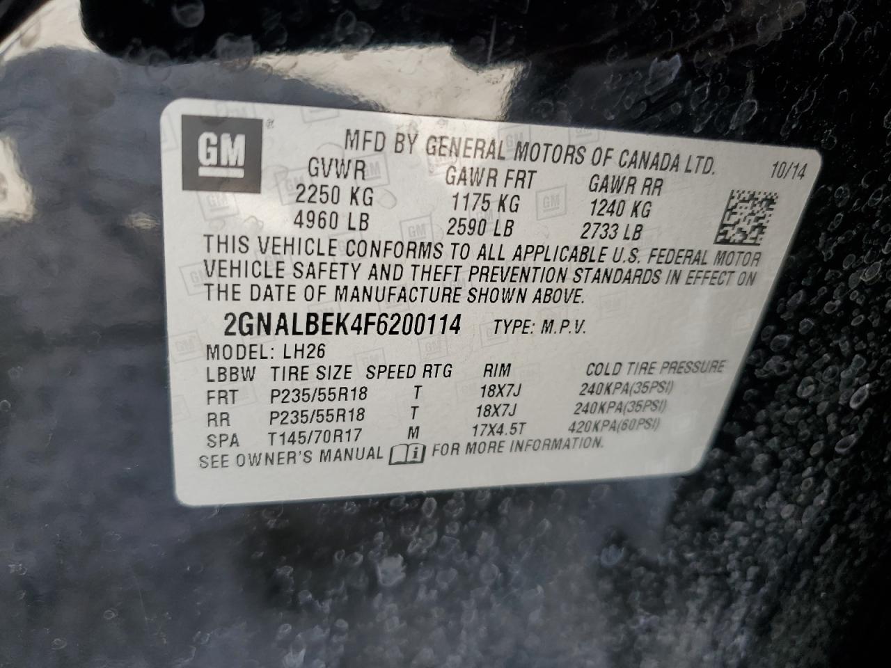2GNALBEK4F6200114 2015 Chevrolet Equinox Lt