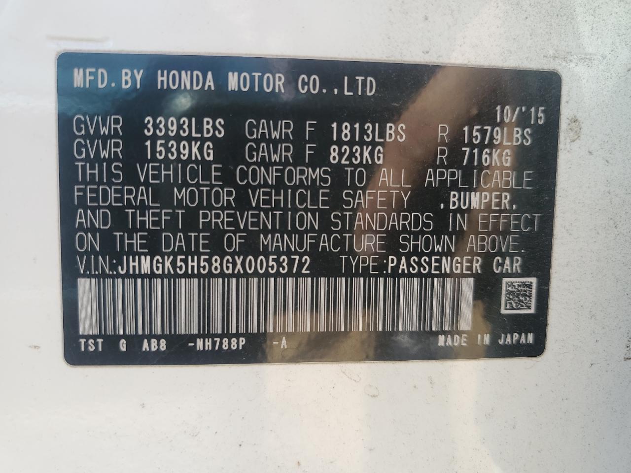 2016 Honda Fit Lx vin: JHMGK5H58GX005372