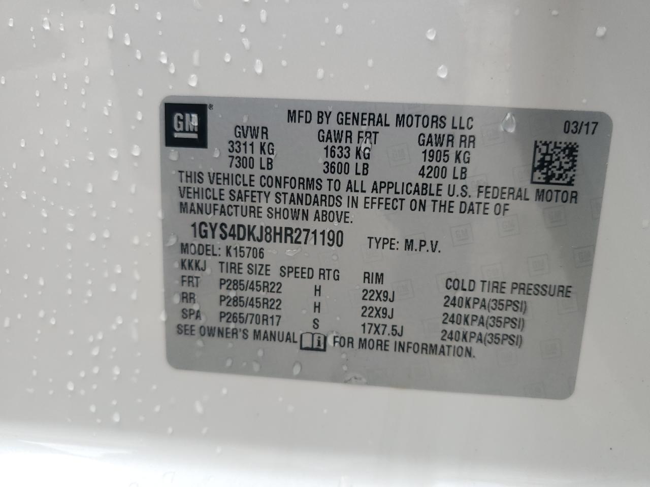 1GYS4DKJ8HR271190 2017 Cadillac Escalade Platinum