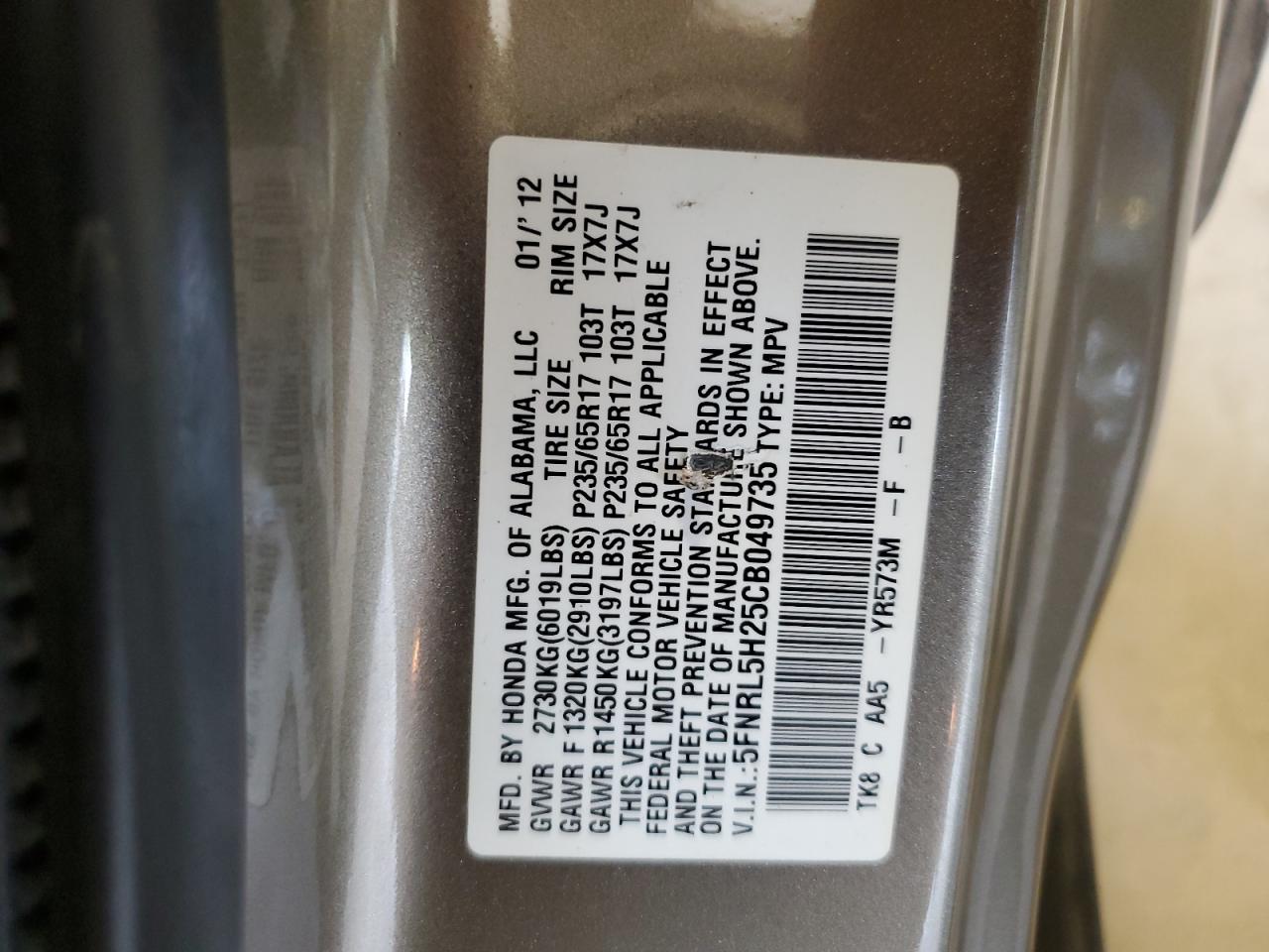 5FNRL5H25CB049735 2012 Honda Odyssey Lx