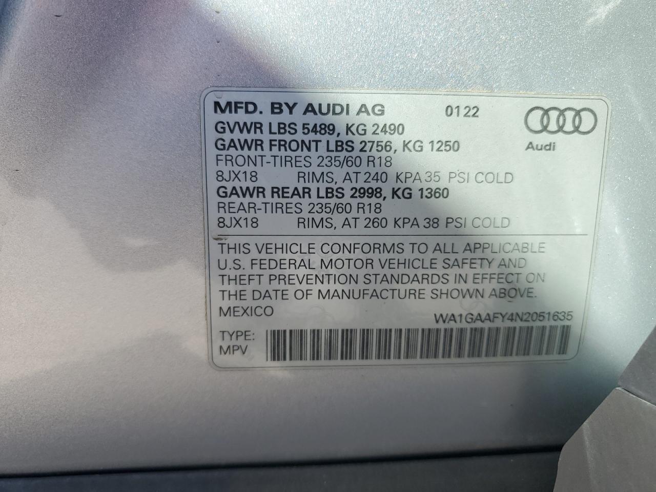 WA1GAAFY4N2051635 2022 Audi Q5 Premium 45