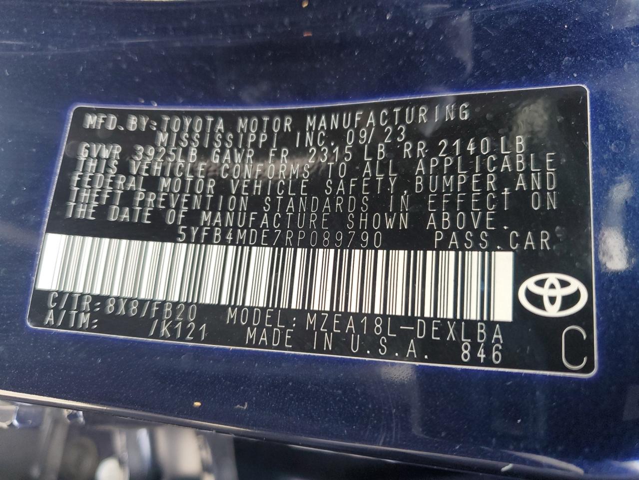 5YFB4MDE7RP089790 TOYOTA COROLLA 2024