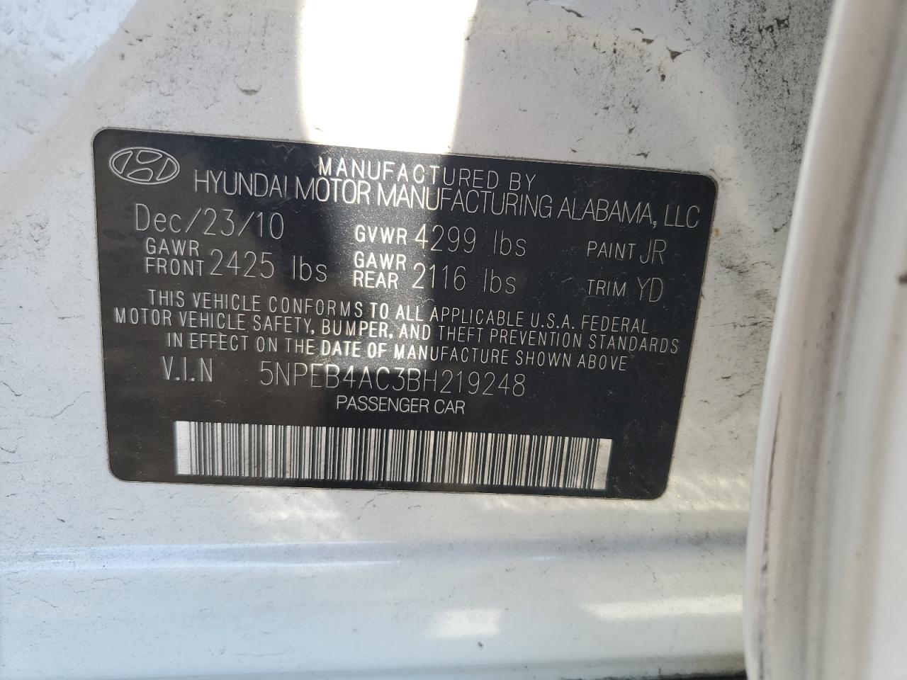 5NPEB4AC3BH219248 2011 Hyundai Sonata Gls