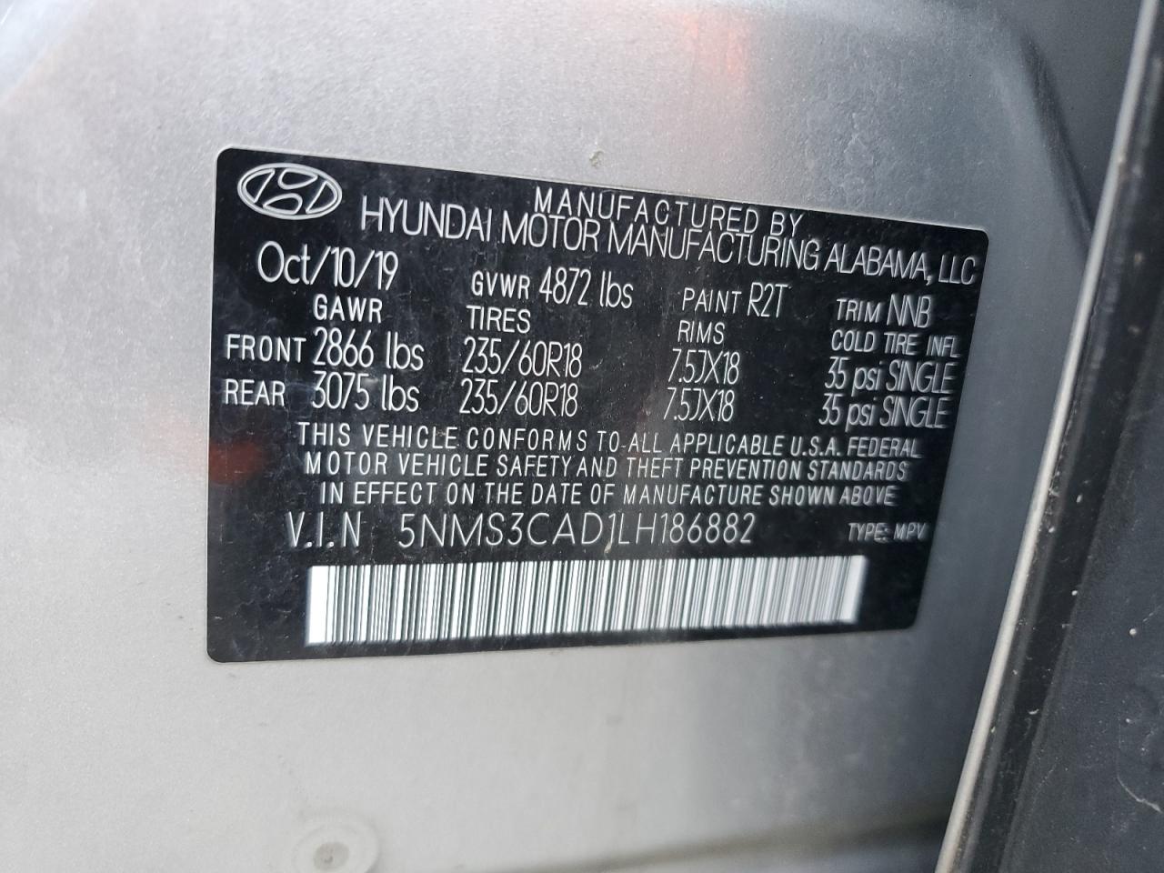 5NMS3CAD1LH186882 2020 Hyundai Santa Fe Sel