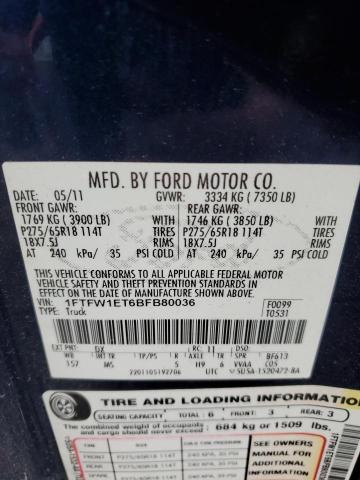 2011 Ford F150 Supercrew VIN: 1FTFW1ET6BFB80036 Lot: 57870924