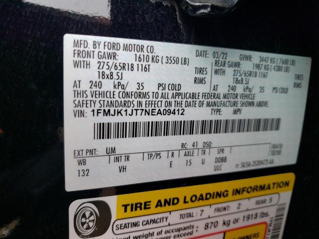 2022 Ford Expedition Max Xlt VIN: 1FMJK1JT7NEA09412 Lot: 57323294