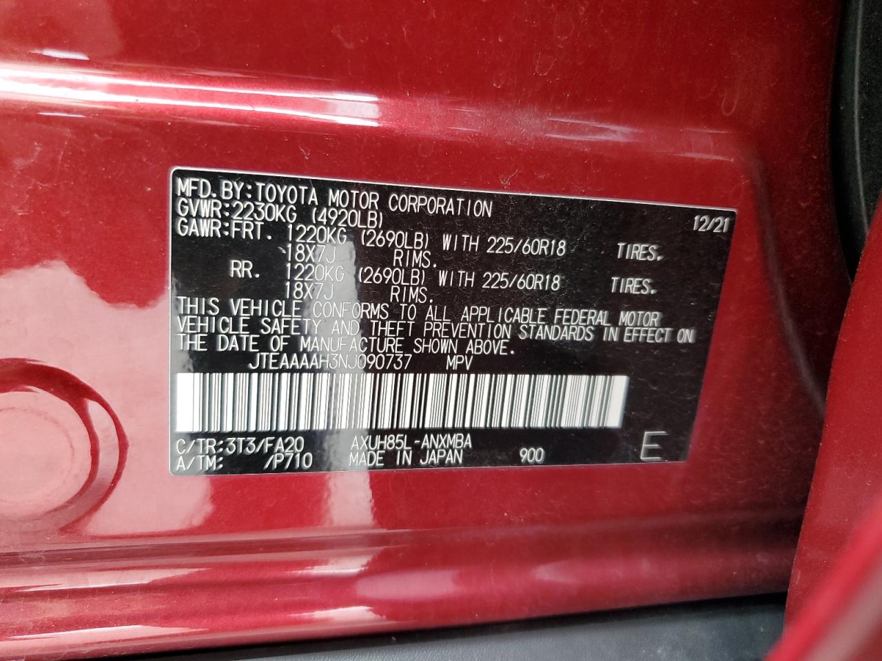 JTEAAAAH3NJ090737 2022 Toyota Venza Le