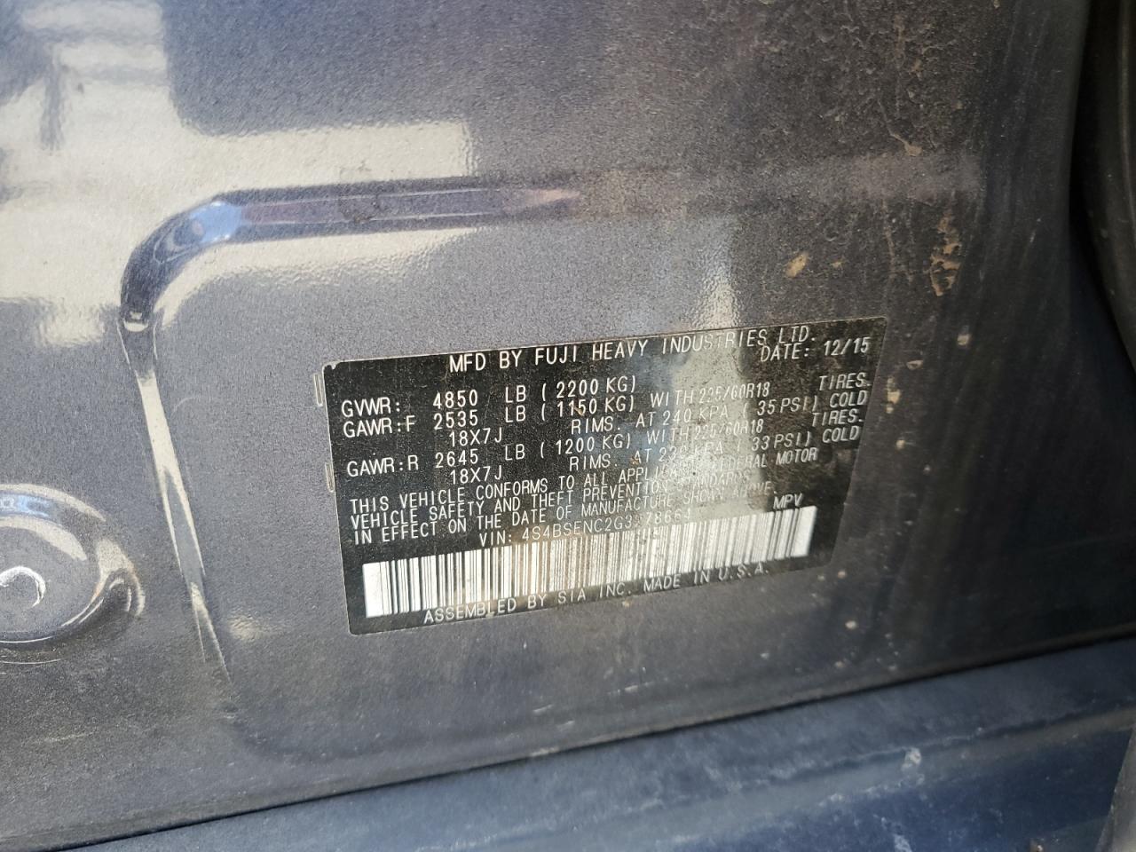 4S4BSENC2G3278664 2016 Subaru Outback 3.6R Limited