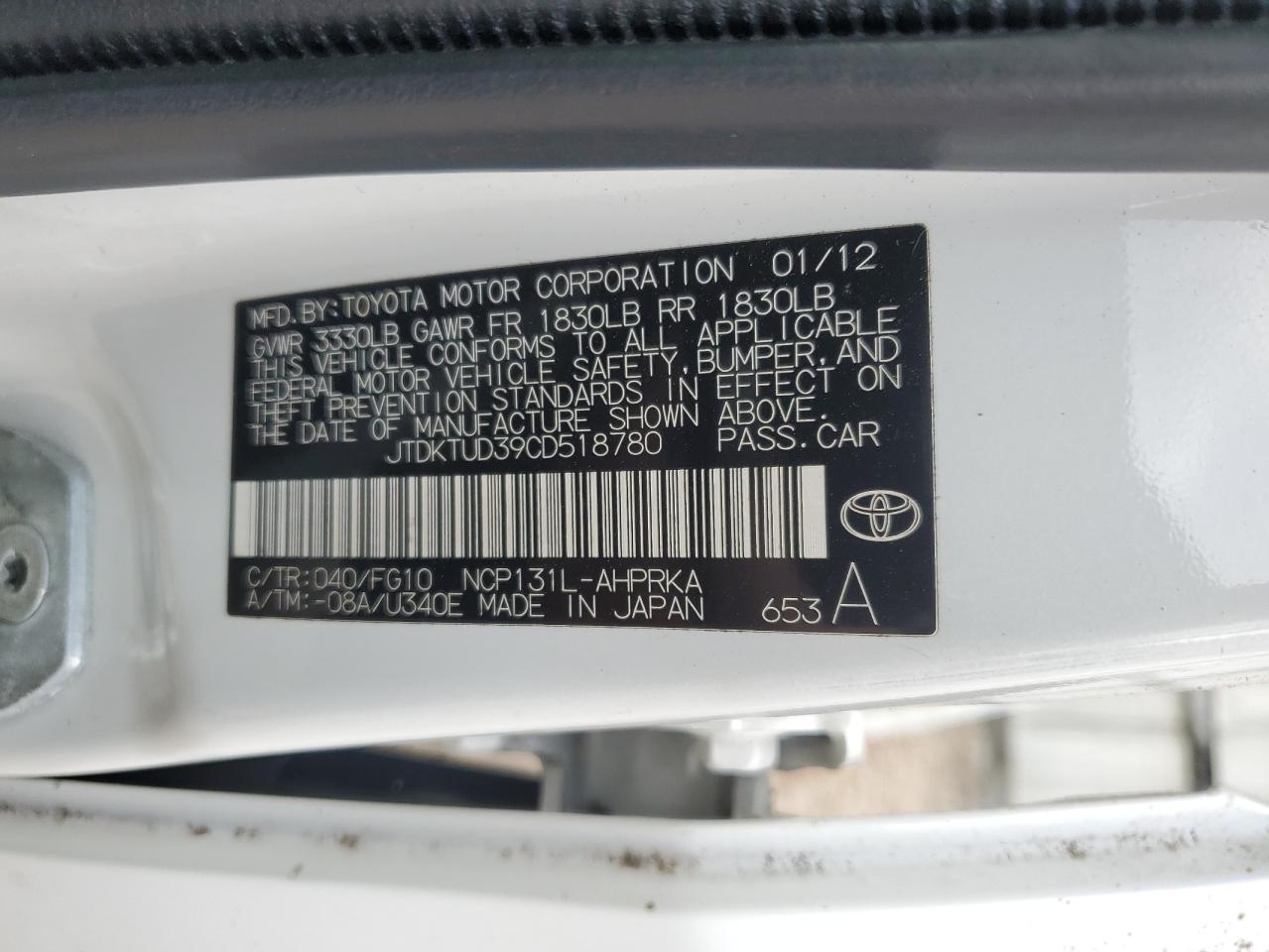 JTDKTUD39CD518780 2012 Toyota Yaris