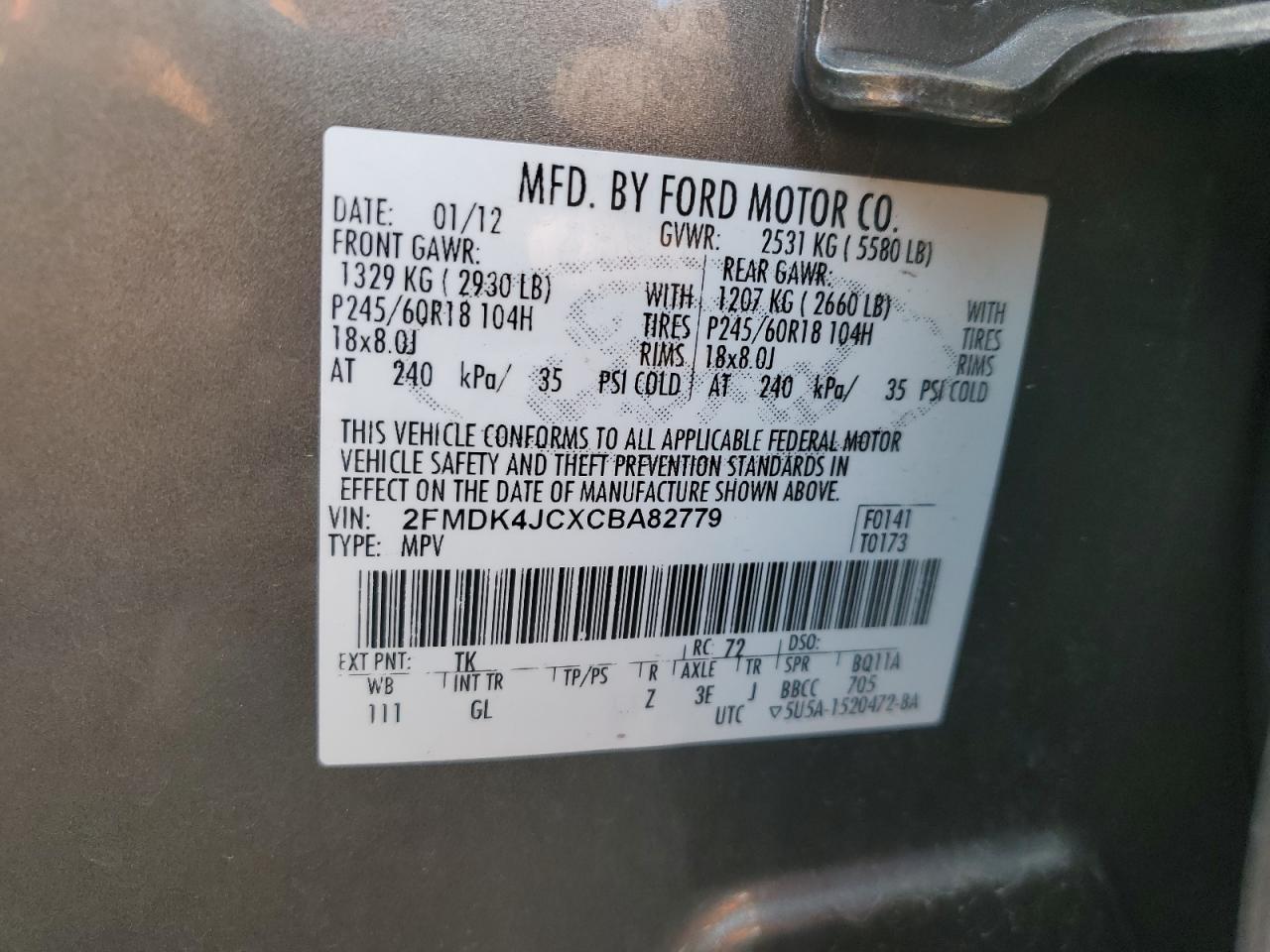 2FMDK4JCXCBA82779 2012 Ford Edge Sel
