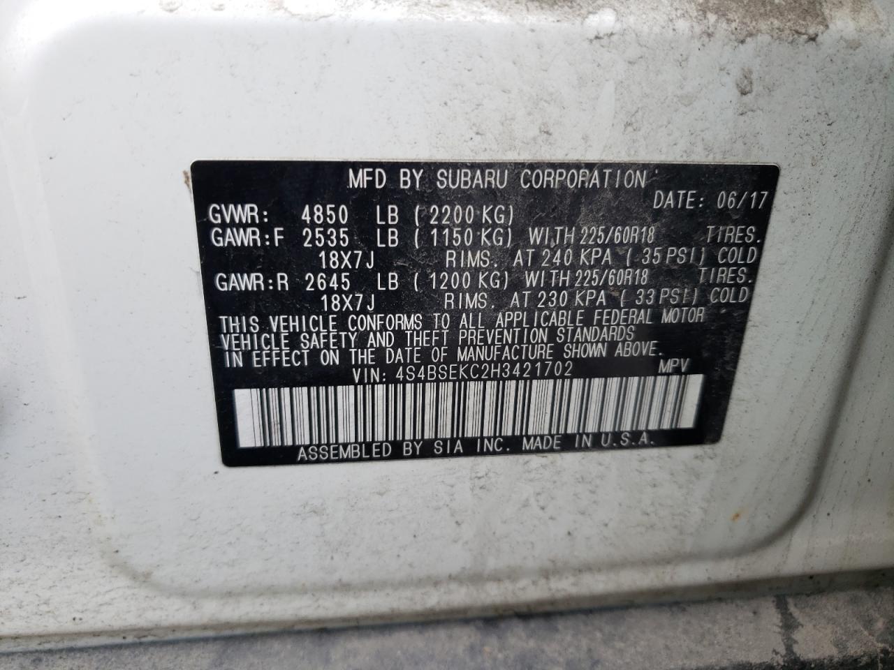 4S4BSEKC2H3421702 2017 Subaru Outback 3.6R Limited