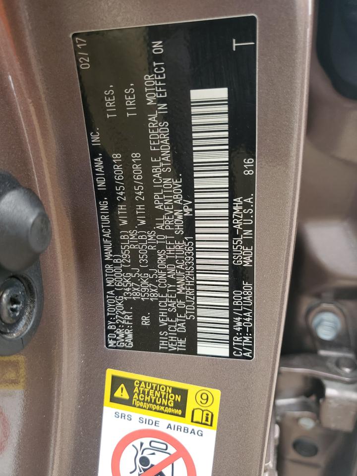 5TDJZRFH2HS393651 2017 Toyota Highlander Se