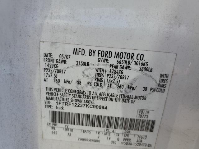 2007 Ford F150 VIN: 1FTRF12237KC90694 Lot: 59261174