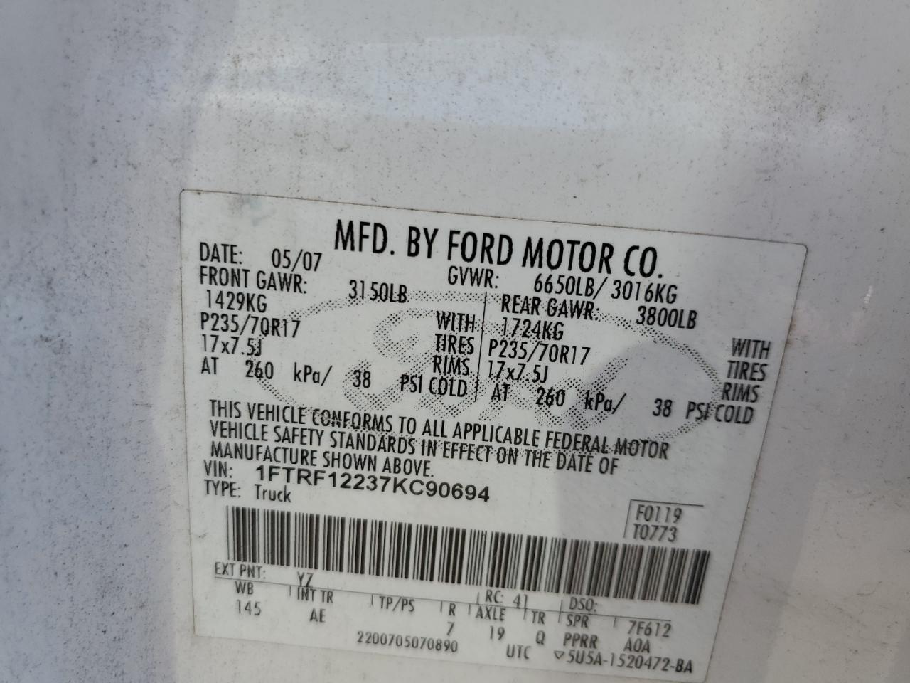 1FTRF12237KC90694 2007 Ford F150