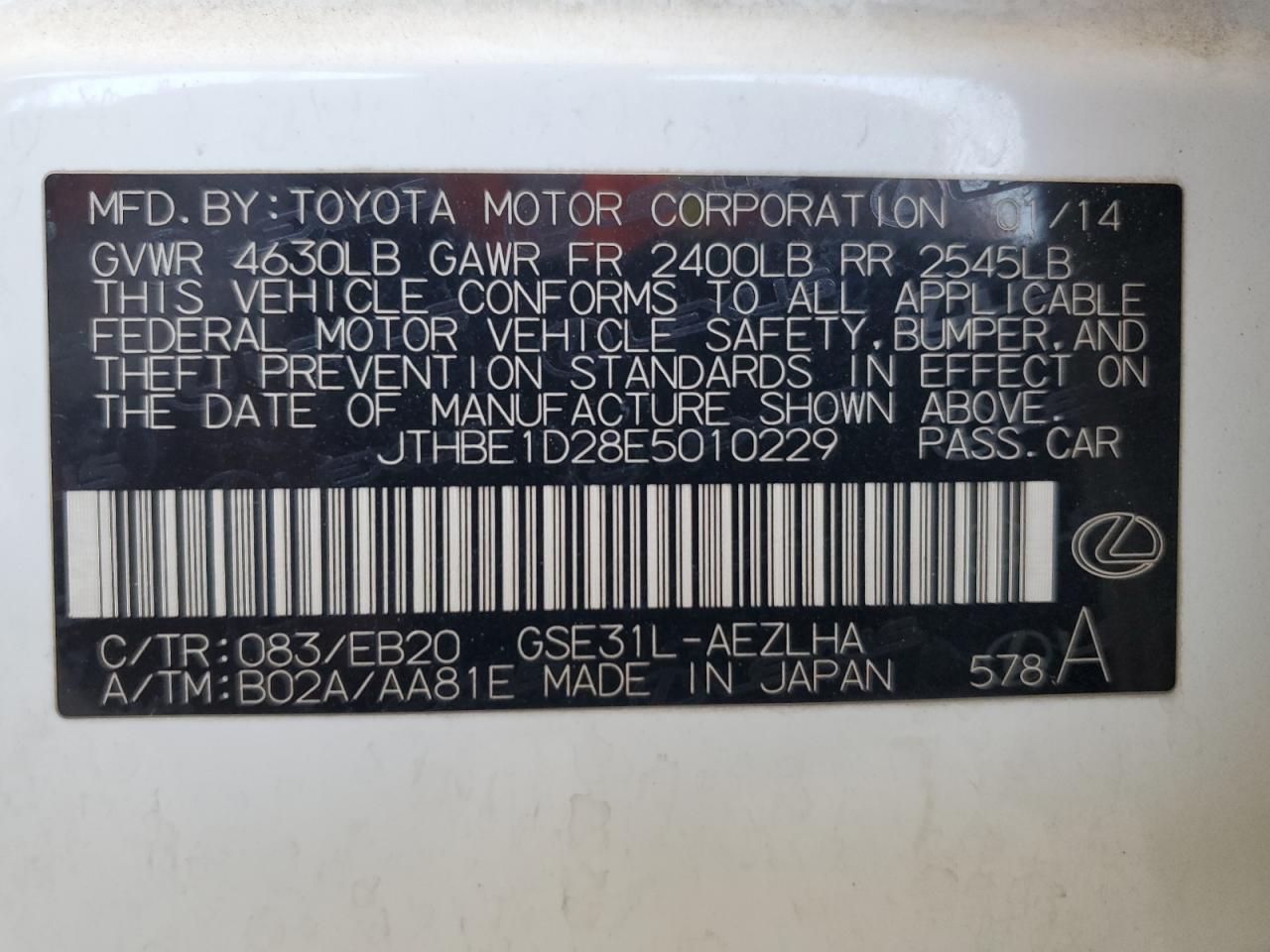 JTHBE1D28E5010229 2014 Lexus Is 350