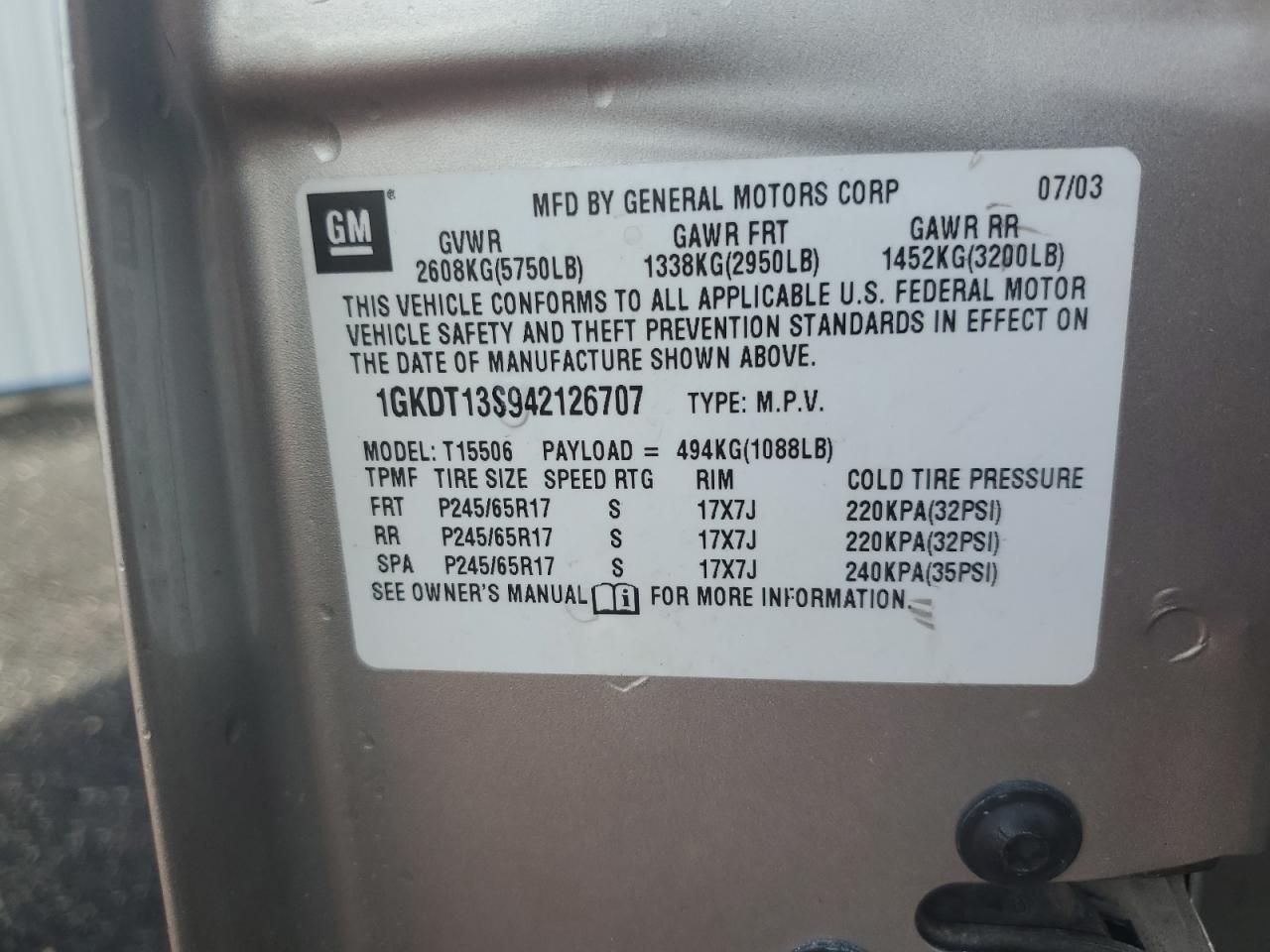 1GKDT13S942126707 2004 GMC Envoy