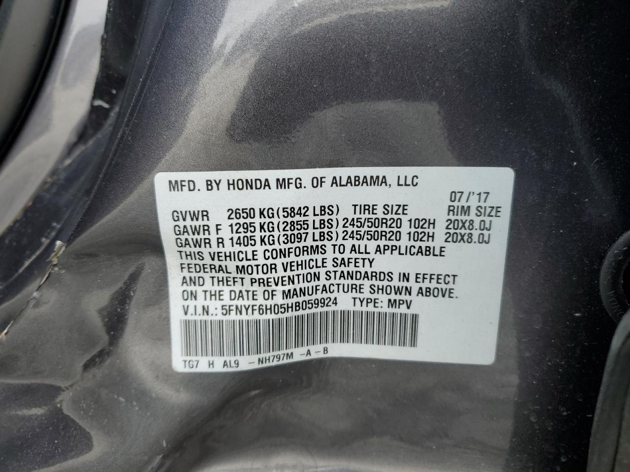 5FNYF6H05HB059924 2017 Honda Pilot Elite