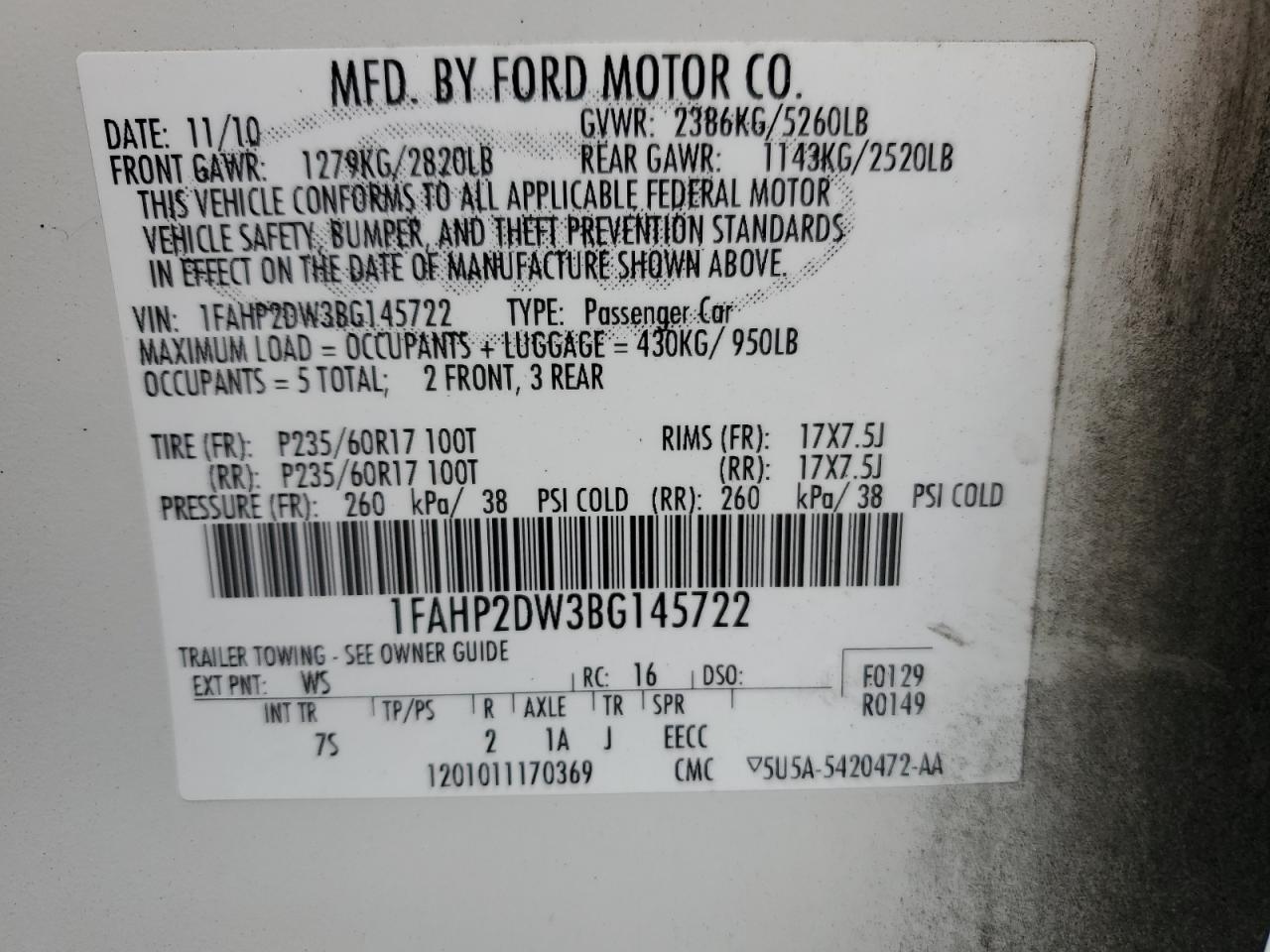 1FAHP2DW3BG145722 2011 Ford Taurus Se