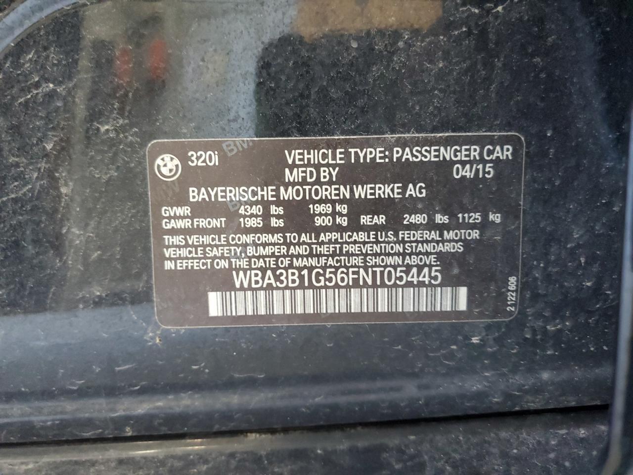 WBA3B1G56FNT05445 2015 BMW 320 I