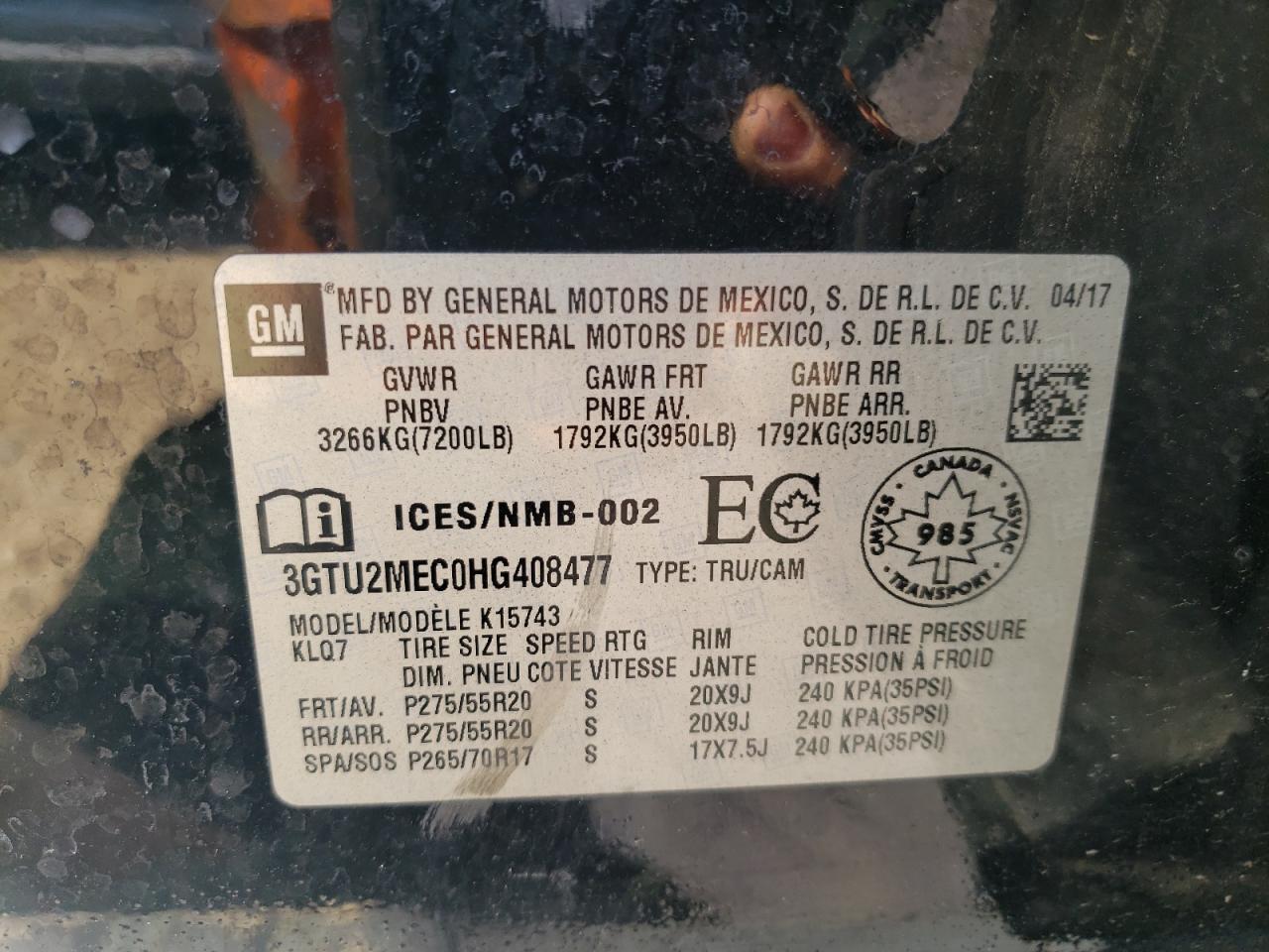 3GTU2MEC0HG408477 2017 GMC Sierra K1500 Sle