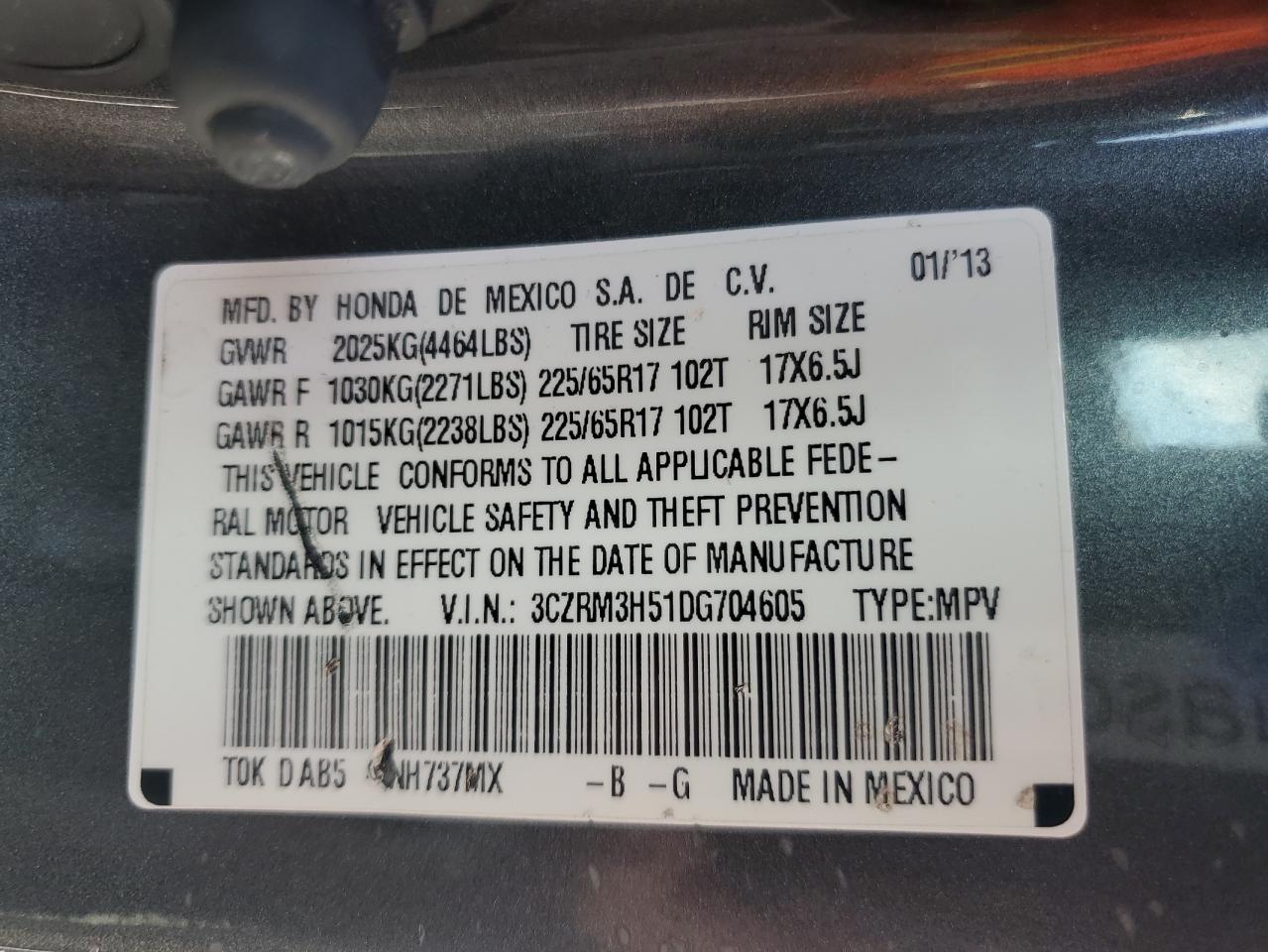 3CZRM3H51DG704605 2013 Honda Cr-V Ex