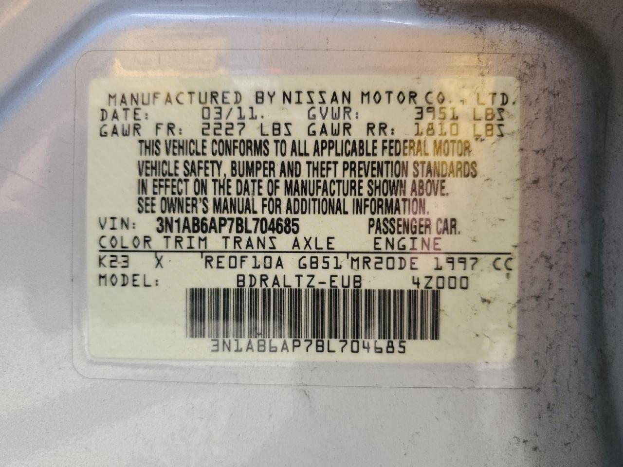 3N1AB6AP7BL704685 2011 Nissan Sentra 2.0