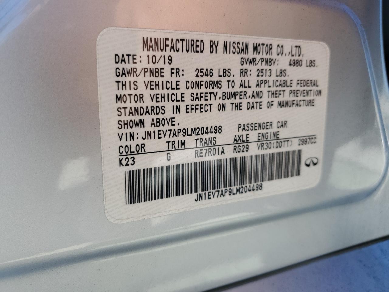 JN1EV7AP9LM204498 2020 Infiniti Q50 Pure